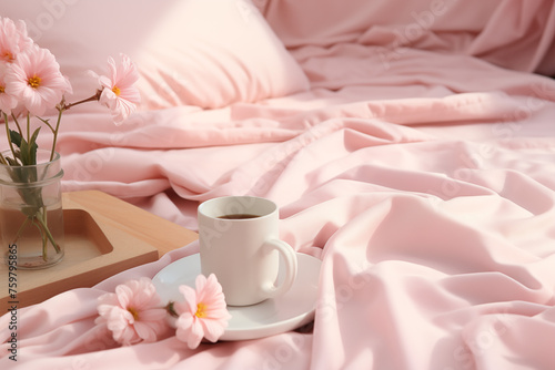 A serene morning scene: coffee on pink bedding, soft light. Ideal for interior design inspiration or relaxation. 