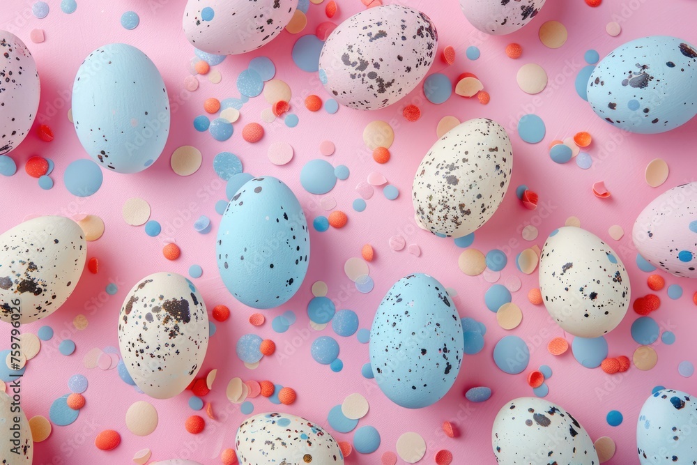 Easter eggs on pastel colored background. Overhead view. Easter eggs on pastel colored background. Overhead view.