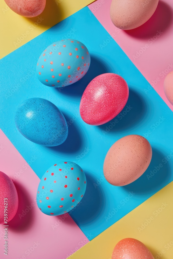 Easter eggs on bright colored background. Overhead view. Easter eggs on bright colored background. Overhead view.