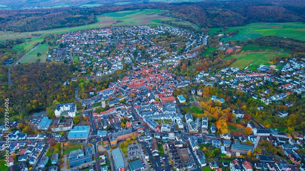 Aerial view around the old town of the city Idstein on a cloudy day in autumn in Germany.

