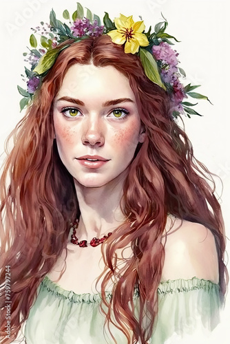 girl portrait in the style of a watercolor sketch, girl with long red hair and green eyes