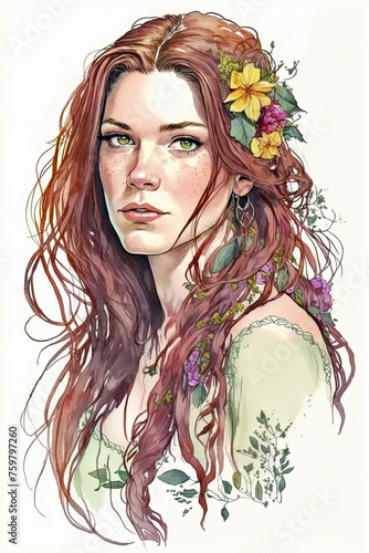 watercolor sketch of a girl with green eyes