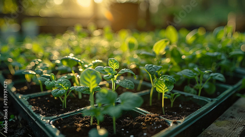 A farmer or agronomist planted young shoots of vegetables in a black plastic tray for seedlings, growing vegetables. The concept of growing plants.