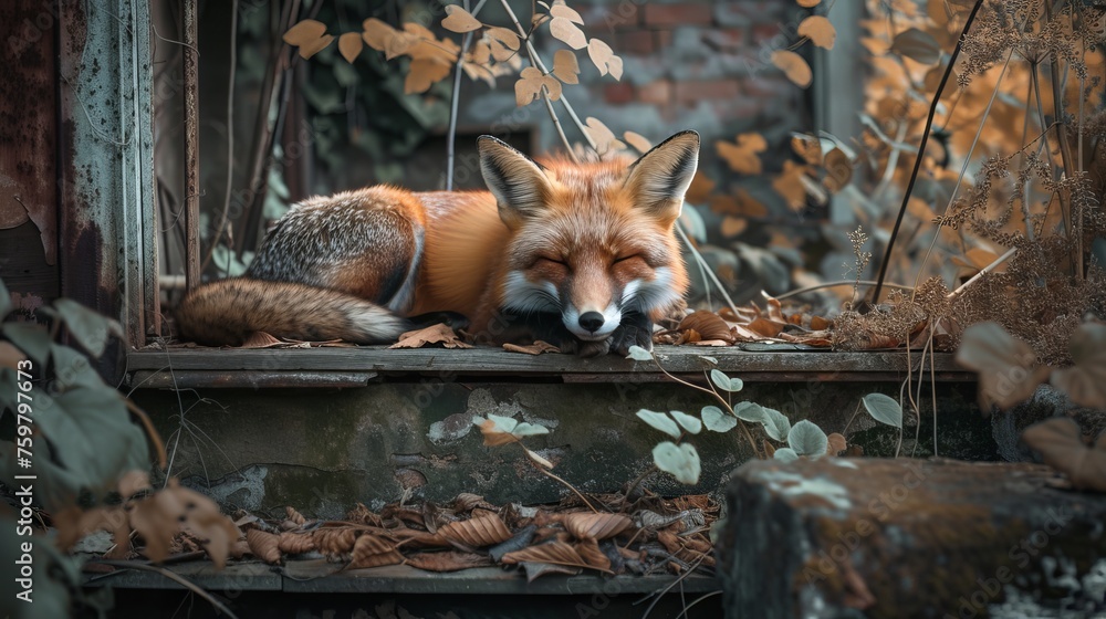 Fototapeta premium Tranquil Fox Amidst Overgrown Greenery and Decayed Structures