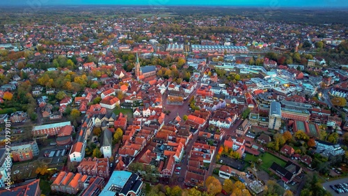 Aerial of the old town around the city Lingen in Germany on a cloudy noon in fall 