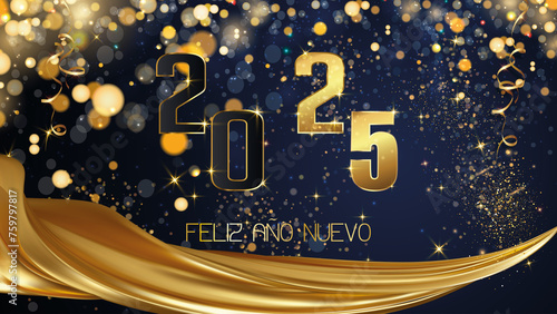 tarjeta o pancarta para desear un feliz año nuevo 2025 en dorado sobre fondo azul con lentejuelas y círculos en efecto bokeh y debajo de una cortina dorada