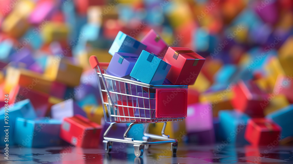 Brightly colored boxes burst open with a dynamic shopping cart Brightly colored boxes burst open with a dynamic shopping cart