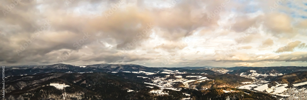 Fototapeta premium Panorama aerial view of the Poprad Landscape Park on the Poprad River in Beskid Sadecki on a sunny,winter day.