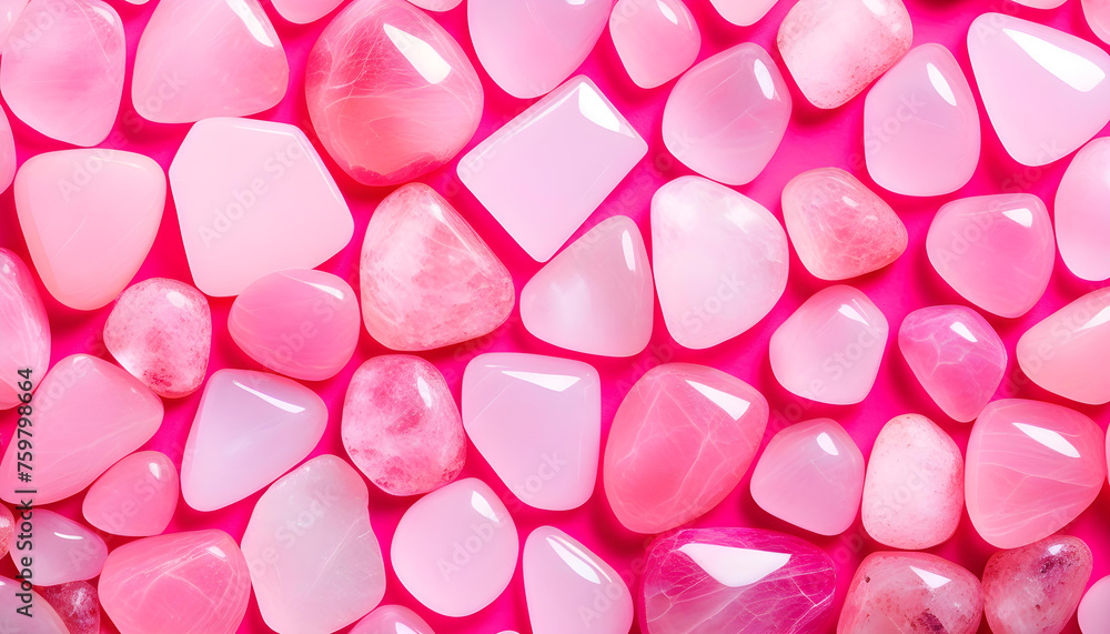 A close-up of pink rose quartz stones in different shapes and sizes A close-up of pink rose quartz stones in different shapes and sizes