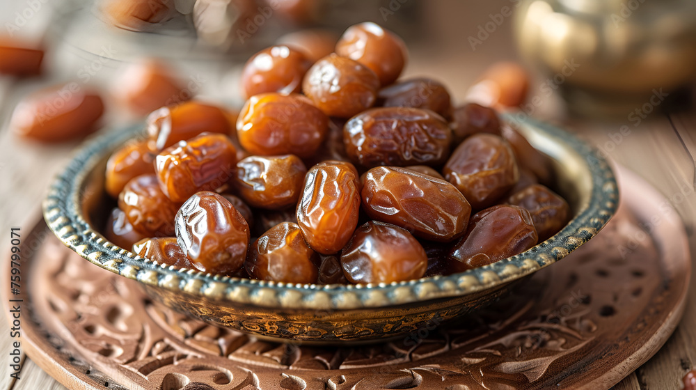 Dates on metal plate in Arabic style, Ramadan food Dates on metal plate in Arabic style, Ramadan food