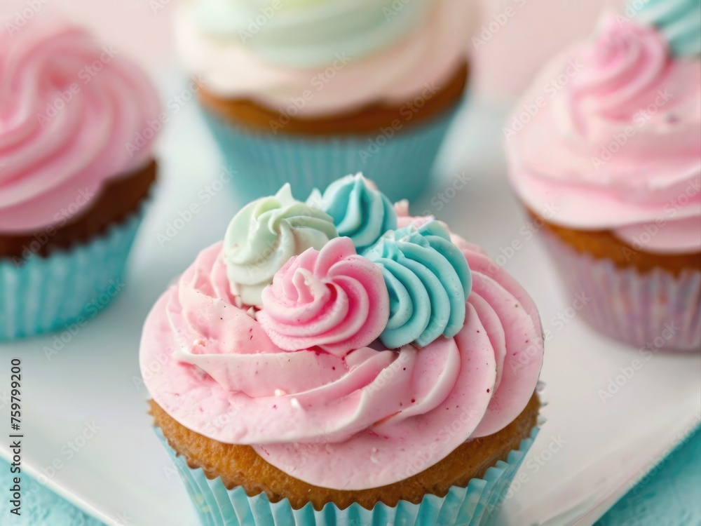 Cupcake with Soft, Light-Toned Cream Frosting in Gentle Pastel Shades. Delicate Dessert Infused with Serenity and Elegance. Indulge in Sweet Bliss with This Elegant Confection