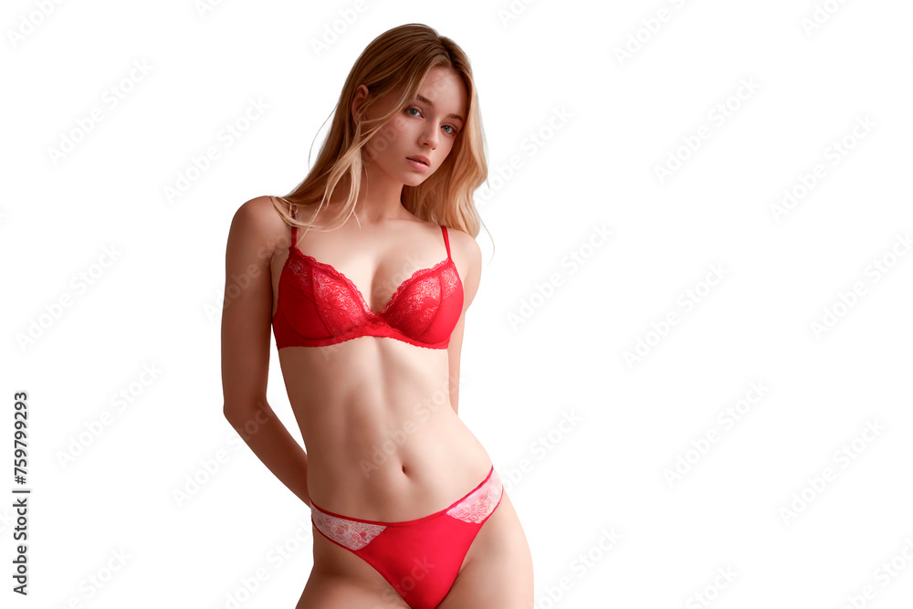 young girl posing on transparent studio background with copy space for design wearing red underwear young girl posing on transparent studio background with copy space for design wearing red underwear
