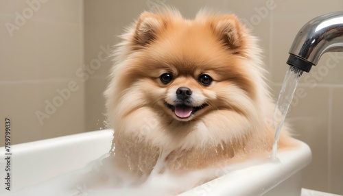 A Fluffy Pomeranian Getting A Bath