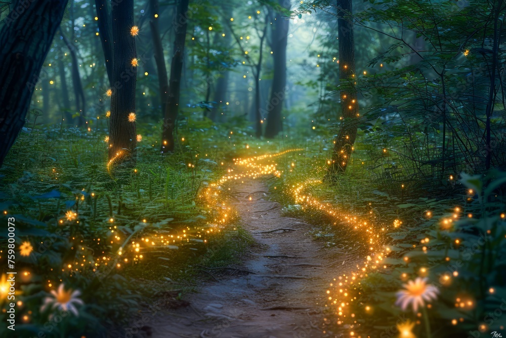 Fototapeta premium Enchanted Twinkling Fireflies Lighting Up a Magical Forest Path at Dusk