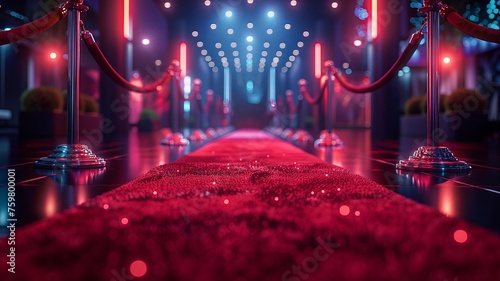 Red carpet entrance with velvet ropes at night photo