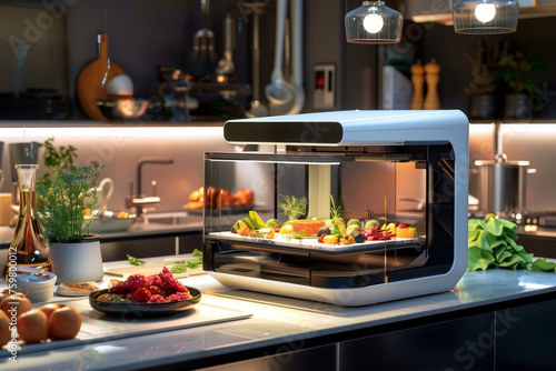 Futuristic 3D Food Printer in Modern Kitchen Setting