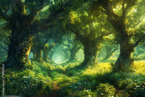 Enchanted Forest Scene with Sun Rays Filtering through Ancient Trees and Lush Greenery