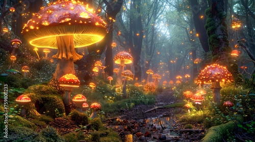Enchanting Forest with Luminescent Mushrooms and Mystical Atmosphere - Magical Woodland Scene with Glowing Fungi © pisan