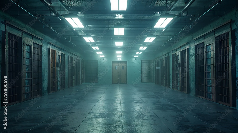 Jail environment illuminated by stark fluorescent lights Jail environment illuminated by stark fluorescent lights