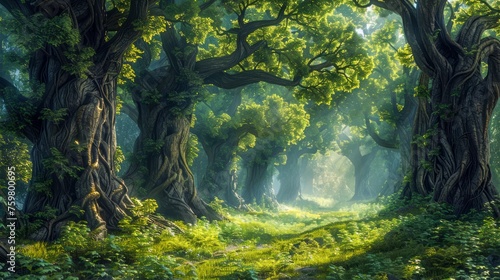 Enchanted Forest Landscape with Sunlight Streaming Through Verdant Trees in a Mystical Woodland Scene