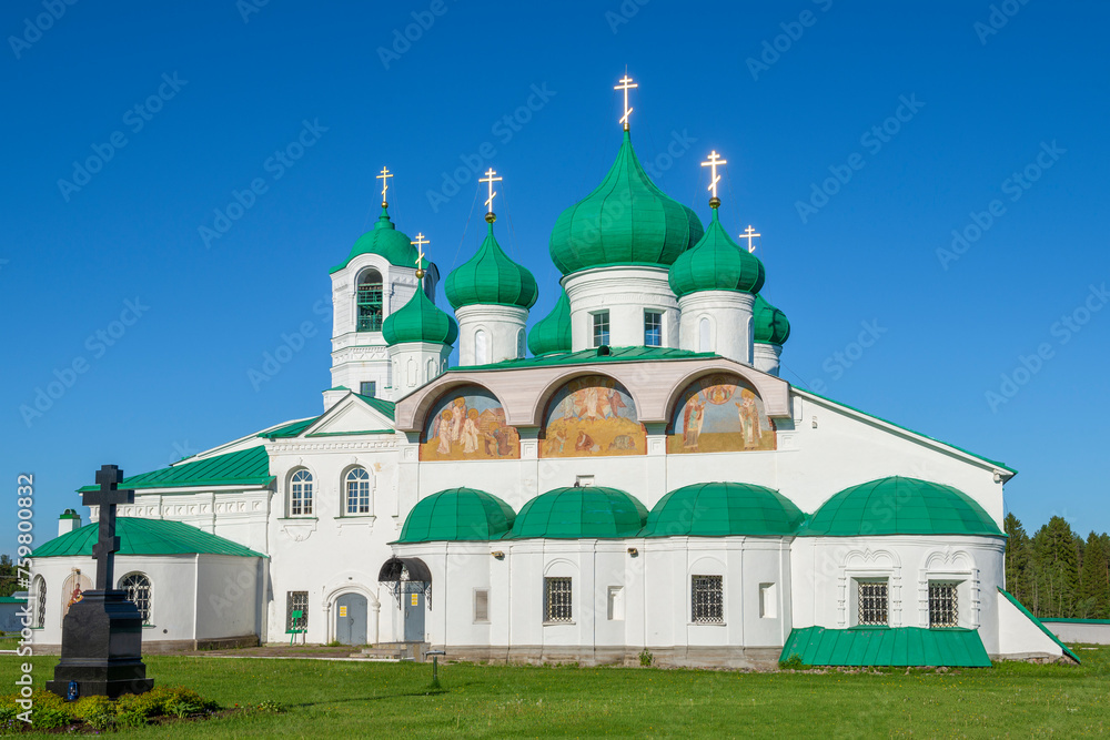 Facade of the ancient Cathedral of the Transfiguration (1644) on a sunny June day. Alexander-Svirsky Monastery. Leningrad region, Russia