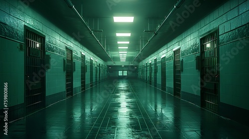 Jail environment illuminated by stark fluorescent lights
