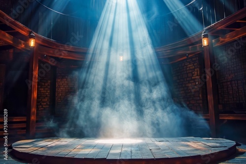 Dramatic Empty Stage with Spotlights in a Traditional Theater, Blue Ray Beams Illuminating Vintage Performance Platform