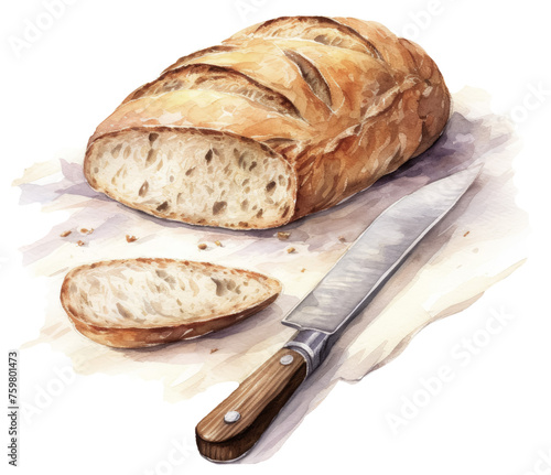 Loaf and slice of bread with knife