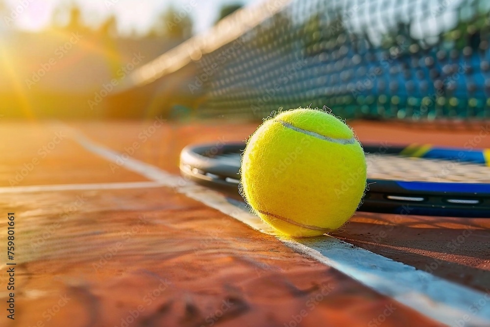 Tennis ball and racket near the net on a clay tennis court on a sunny day. Close-up view.