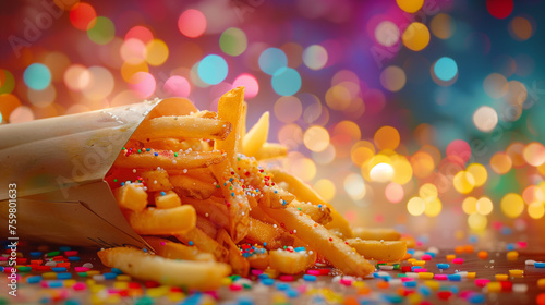 Fries spill out of a paper cone in a close-up  set against a backdrop of bright bokeh lights.