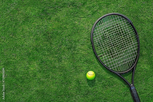 Tennis racket and ball on green grass background. Top view with copy space. 
