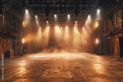 Dramatic Empty Stage with Spotlight Rays and Smoke in Historic Theater Interior © pisan