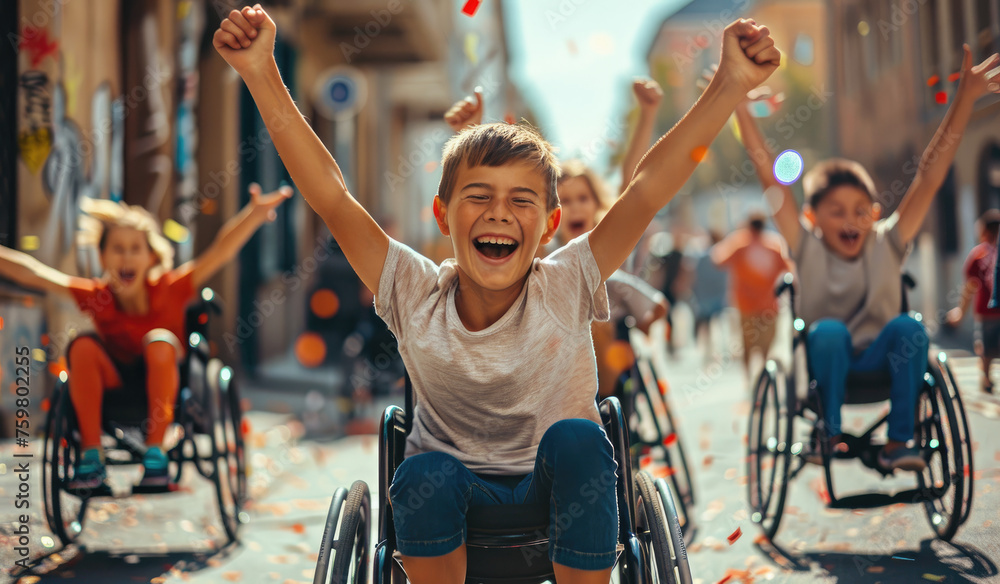 Smiling kids in wheelchairs celebrating victory, holding up their arms and cheering with friends on the street - obrazy, fototapety, plakaty 
