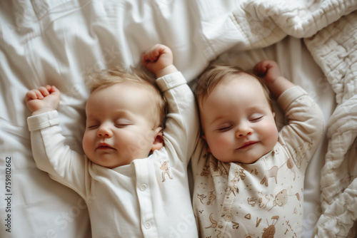 ベッドに寝ている2人の赤ちゃん