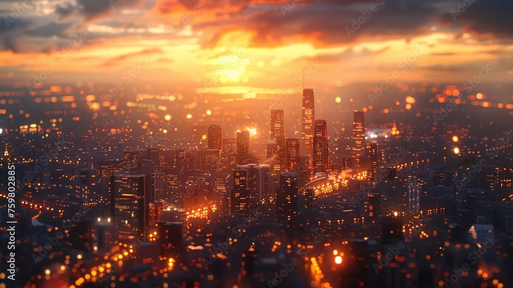 Fototapeta premium Soft light over a 3D cityscape with warm outlines