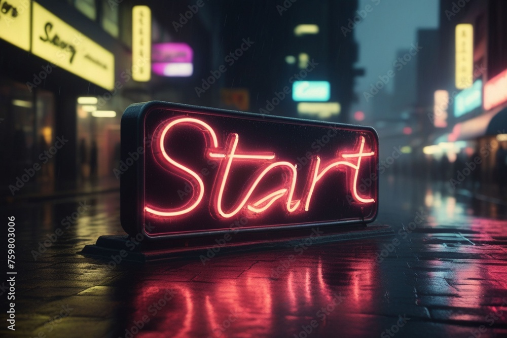 Slogan start neon light sign text effect on a rainy night street, horizontal composition