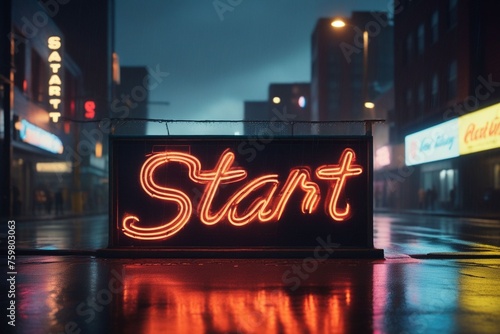Slogan start neon light sign text effect on a rainy night street, horizontal composition