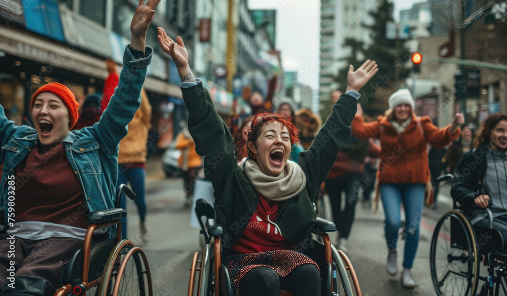 Smiling women in wheelchairs celebrating victory, holding up their arms and cheering with friends on the street - obrazy, fototapety, plakaty 