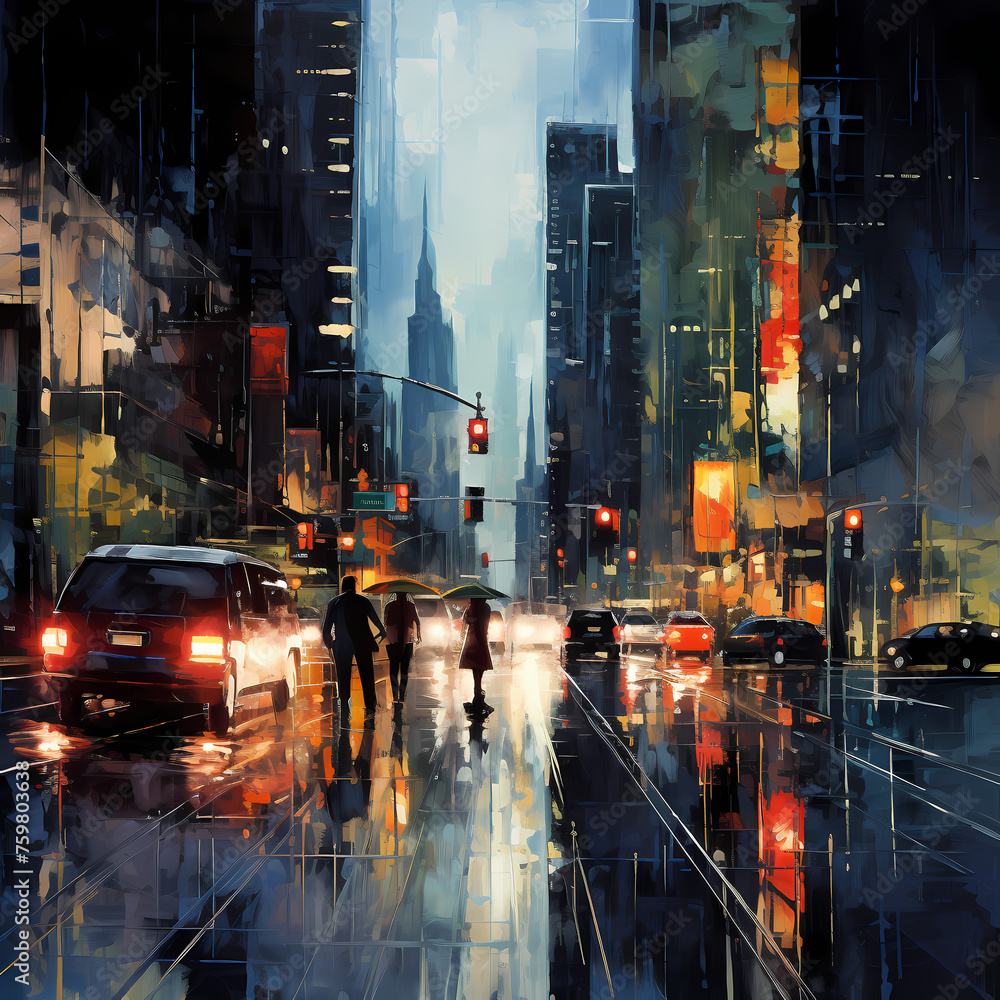 Cityscape with reflections in a rain-soaked street 