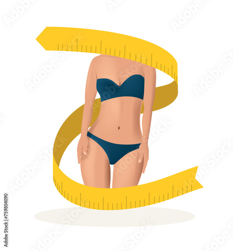 Fat and thin woman weight loss concept. Diet and fitness. Before and after body shape girl measuring her slim waist.