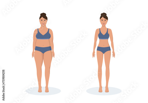 Fat and thin woman weight loss concept. Diet and fitness. Before and after body shape girl measuring her slim waist.