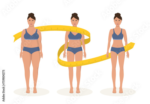 Fat and thin woman weight loss concept. Diet and fitness. Before and after body shape girl measuring her slim waist.