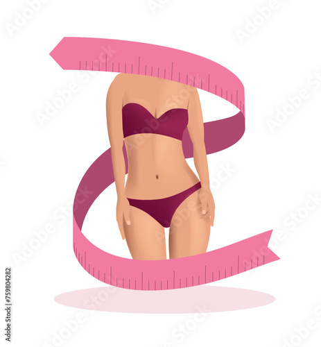 Fat and thin woman weight loss concept. Diet and fitness. Before and after body shape girl measuring her slim waist.