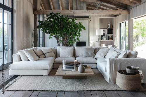 Rustic Farmhouse Living Room Interior with White Fabric Corner Sofa and Wooden Coffee Table on Grey Woven Rug photo