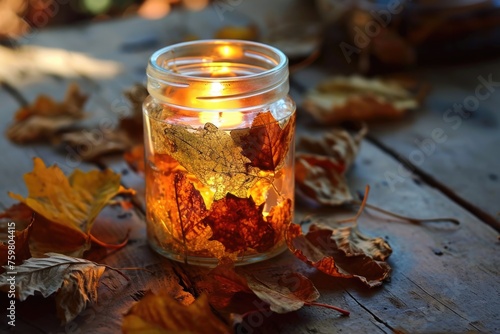 Rustic DIY Autumn Candle: Tealight in Glass Jar with Dried Golden Leaves