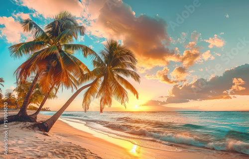 Tropical beach with palm trees at sunset in the Caribbean  bathed in the golden light of the sun and orange sky with clouds. Caribbean island Barbados