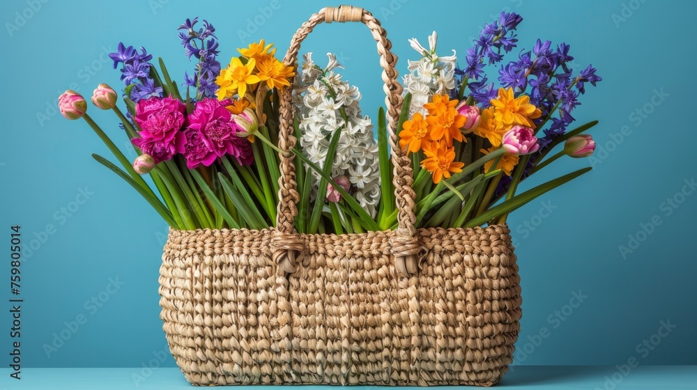 A delightful straw bag adorned with vibrant hyacinths and blooming carnations