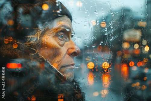 An elderly man with dementia stares blankly out of a window, reflection blurred against the backdrop of a rainy city, internal struggle of individual. Concept of dementia and memory problems