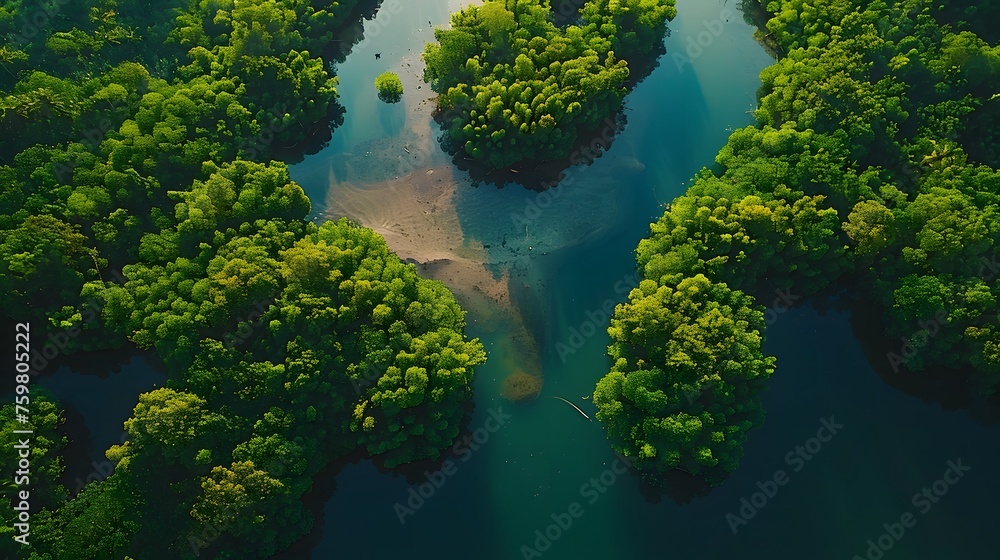 Aerial shot of mangrove forest with river channels and a sandy beach at the curve Aerial shot of mangrove forest with river channels and a sandy beach at the curve