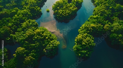 Aerial shot of mangrove forest with river channels and a sandy beach at the curve